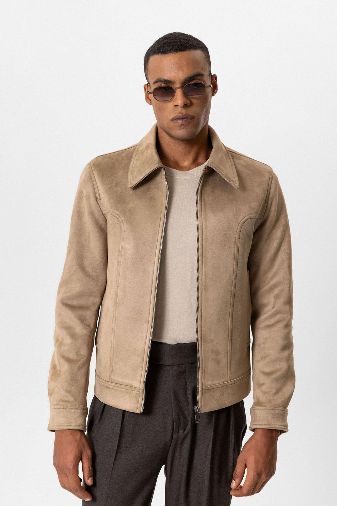 Beige Крой Фит Замшевые Мужские Куртки - Wessi