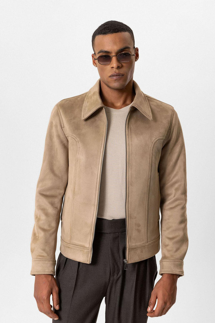 Beige Crop Fit Suede Men's Jacket - Wessi