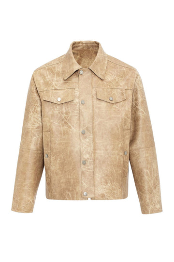 Beige Crop Fit Faux Leather Men's Jacket - Wessi