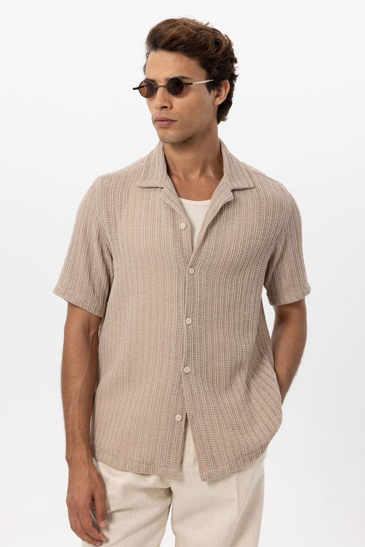 Men's Beige Textured Crochet Shirt - Wessi