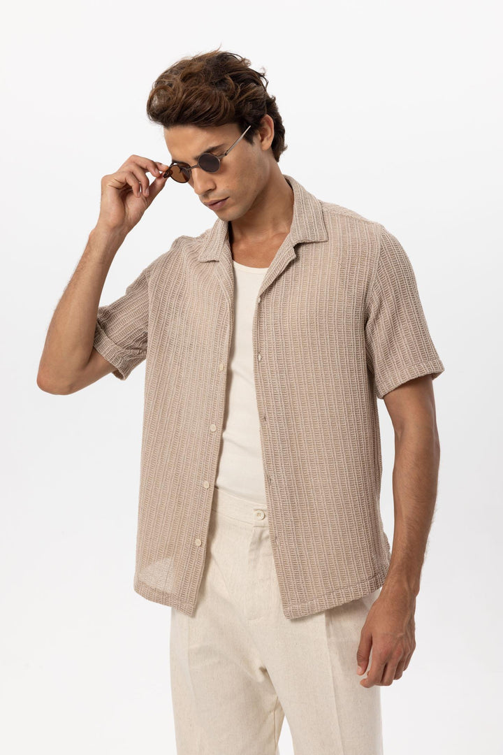 Men's Beige Textured Crochet Shirt - Wessi