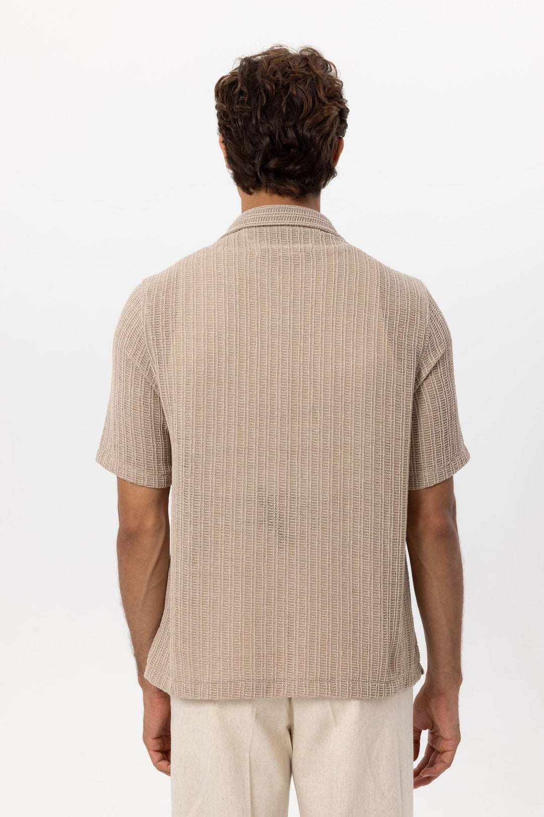 Men's Beige Textured Crochet Shirt - Wessi
