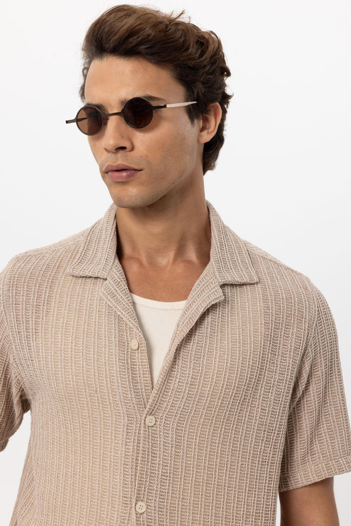 Men's Beige Textured Crochet Shirt - Wessi