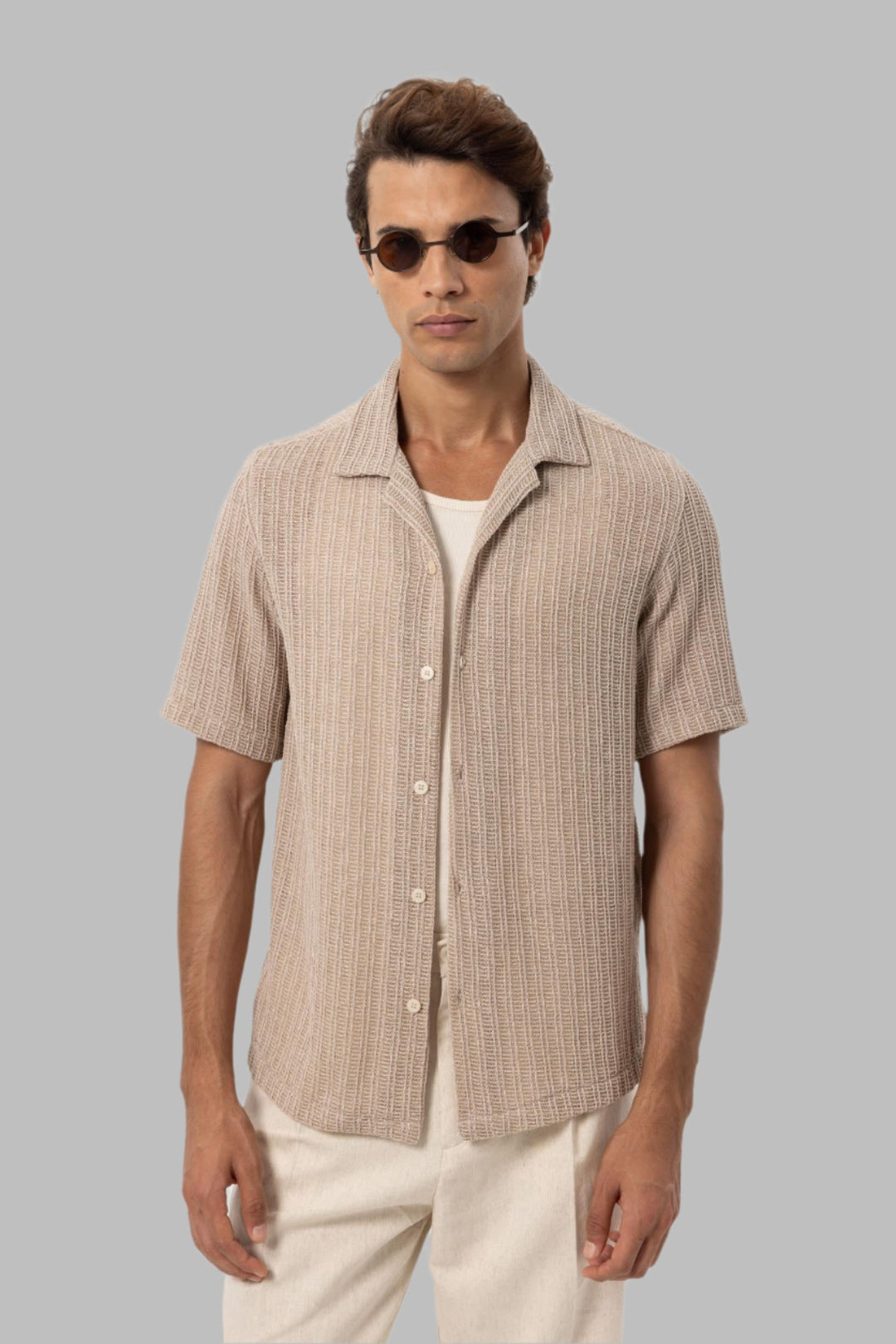 Men's Beige Textured Crochet Shirt - Wessi