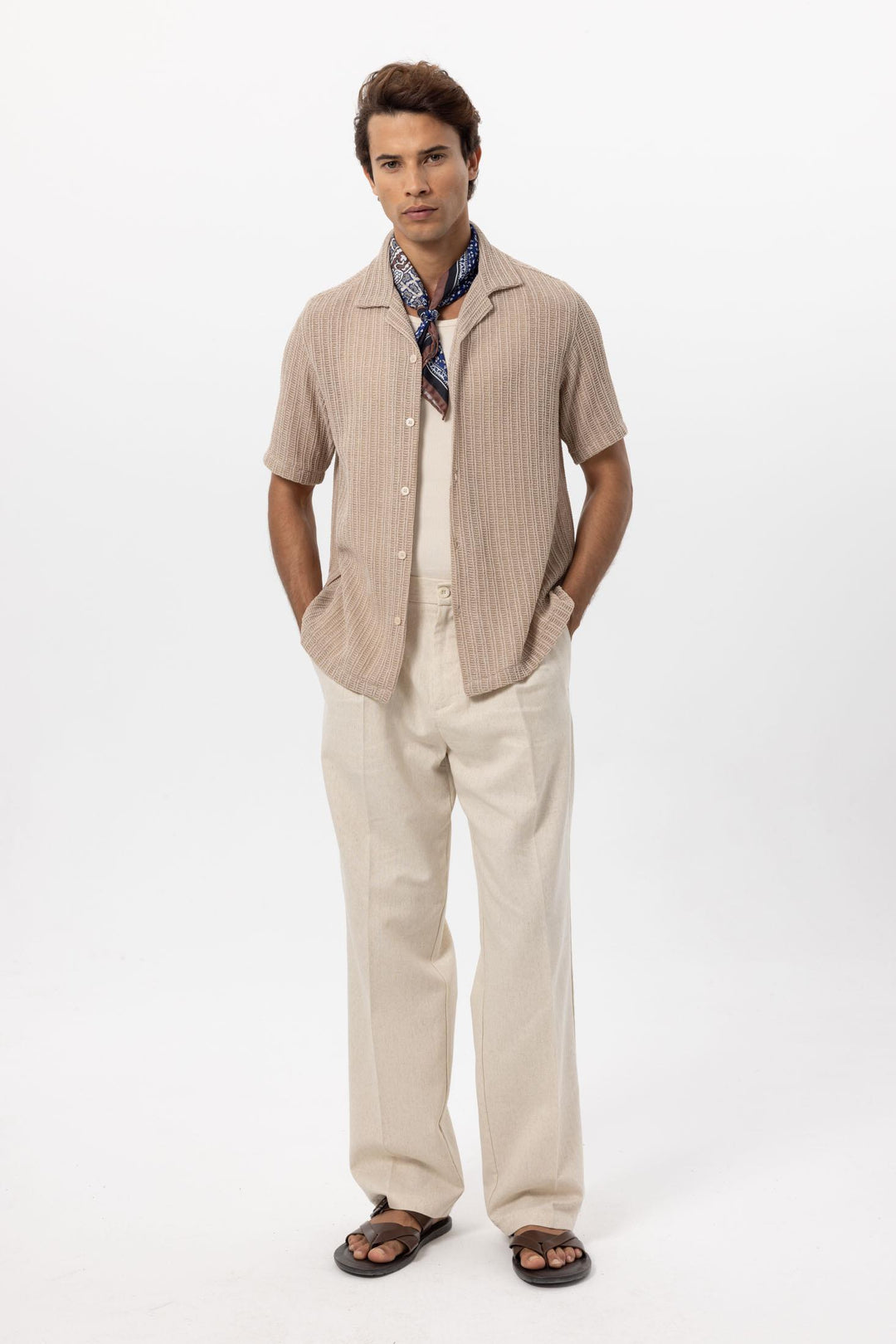 Men's Beige Textured Crochet Shirt - Wessi