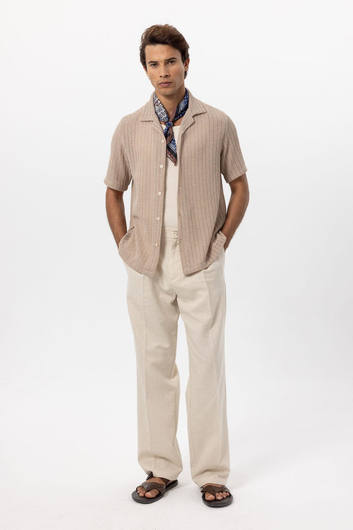 Men's Beige Textured Crochet Shirt - Wessi