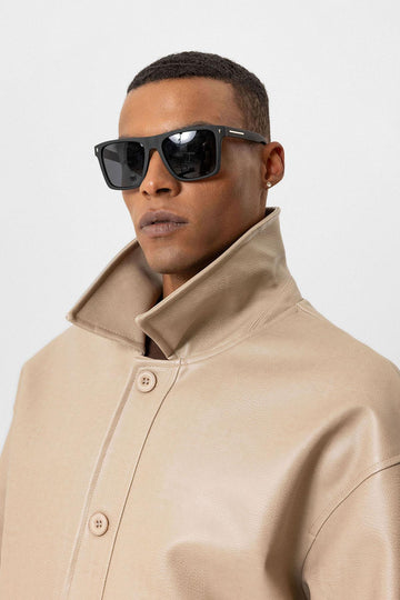 Beige Oversize Faux Leather Men's Jacket - Wessi