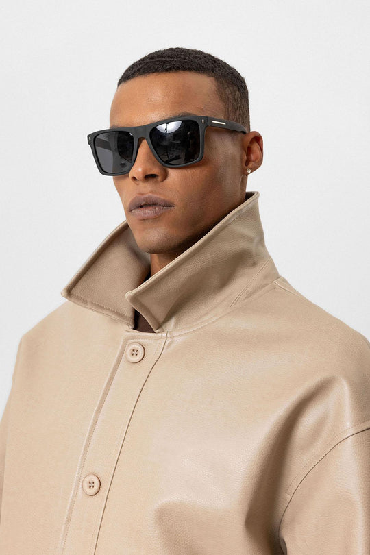 Beige Oversize Faux Leather Men's Jacket - Wessi