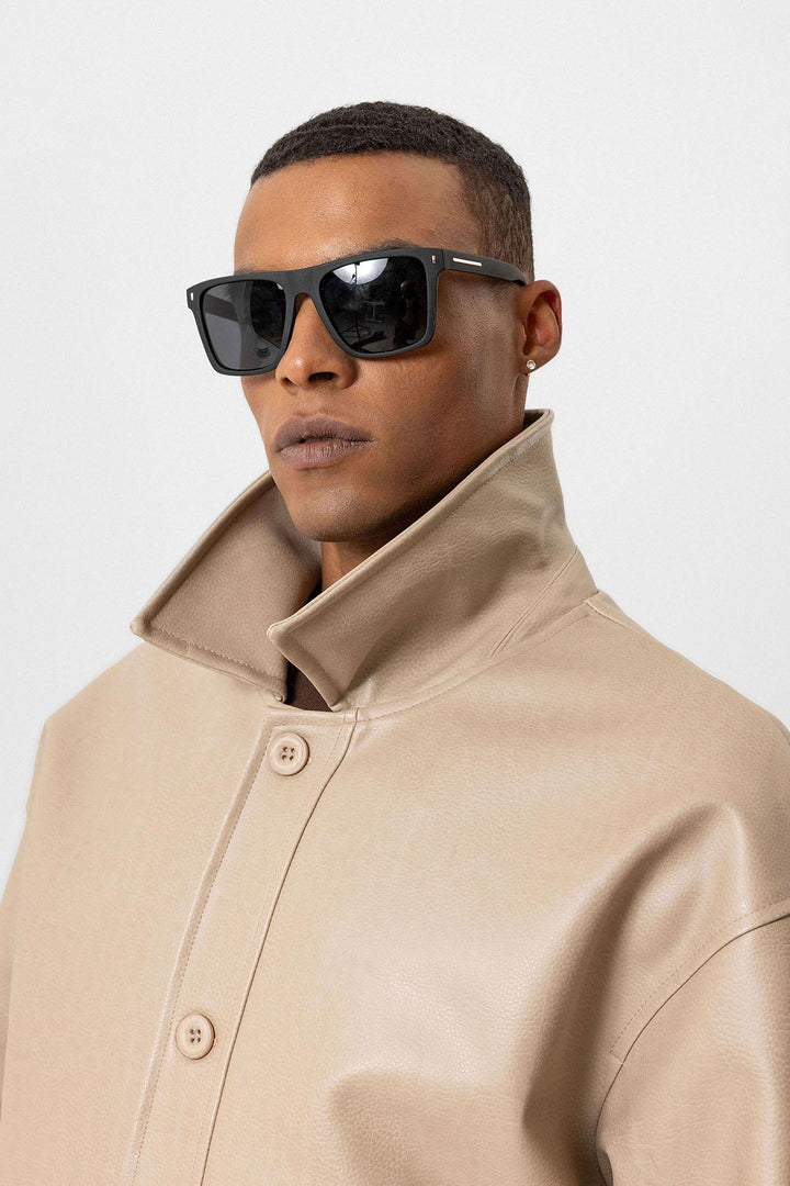 Beige Oversize Faux Leather Men's Jacket - Wessi