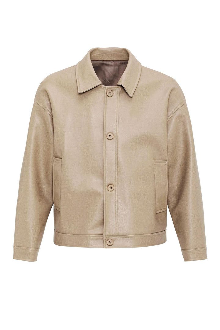 Beige Oversize Faux Leather Men's Jacket - Wessi