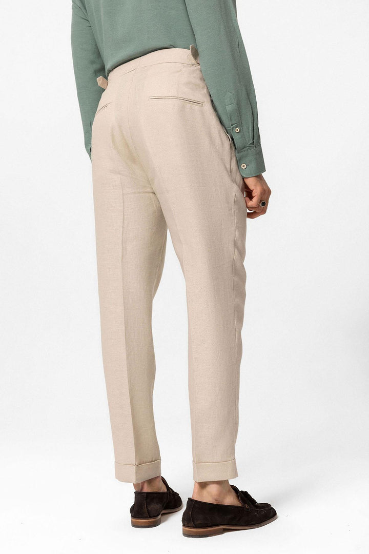 Pantaloni a pieghe beige a vita alta da uomo in 100% lino - Wessi