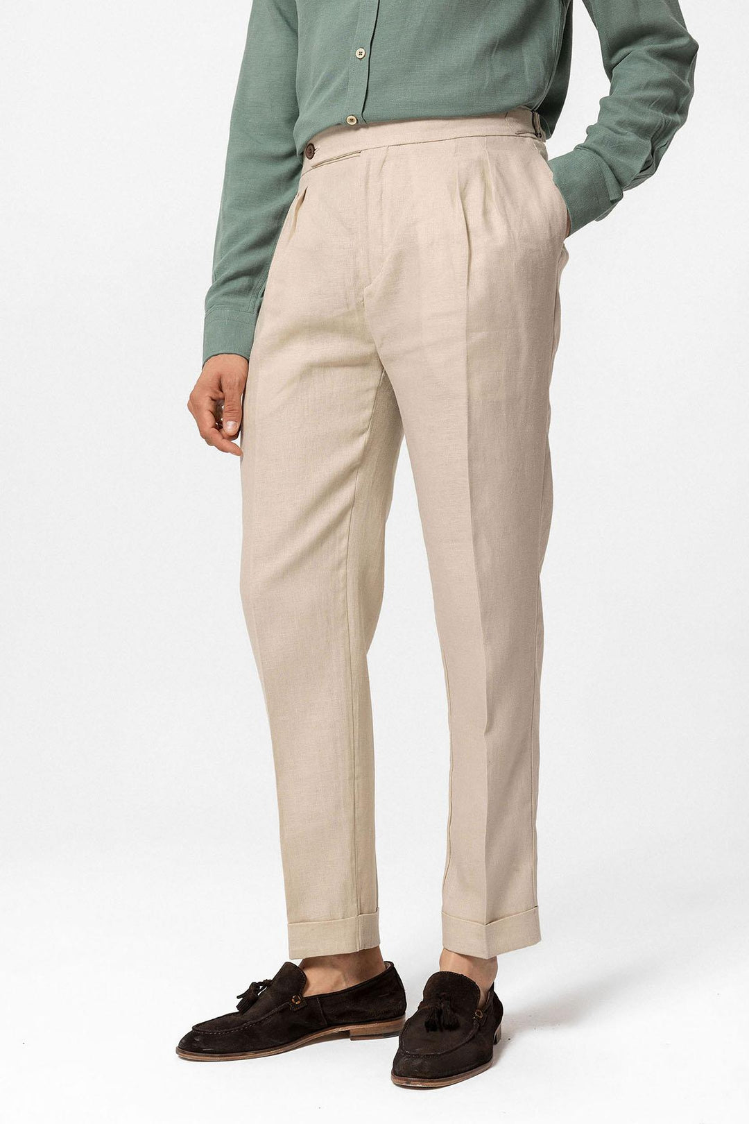 Pantaloni a pieghe beige a vita alta da uomo in 100% lino - Wessi