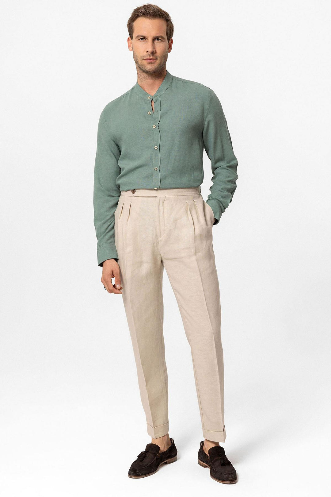 Pantaloni a pieghe beige a vita alta da uomo in 100% lino - Wessi