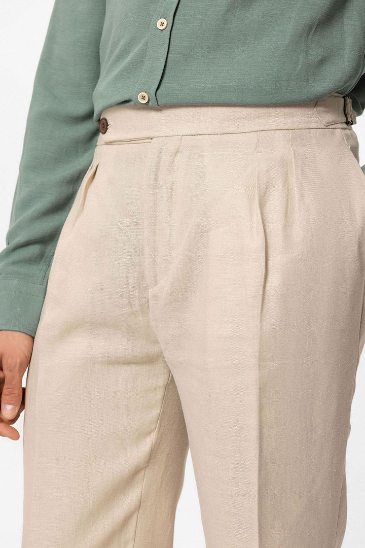 Pantaloni a pieghe beige a vita alta da uomo in 100% lino - Wessi