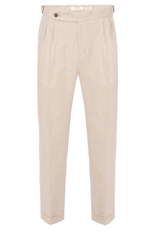 Men's Beige High-Waist 100% Linen Pleated Pants - Wessi