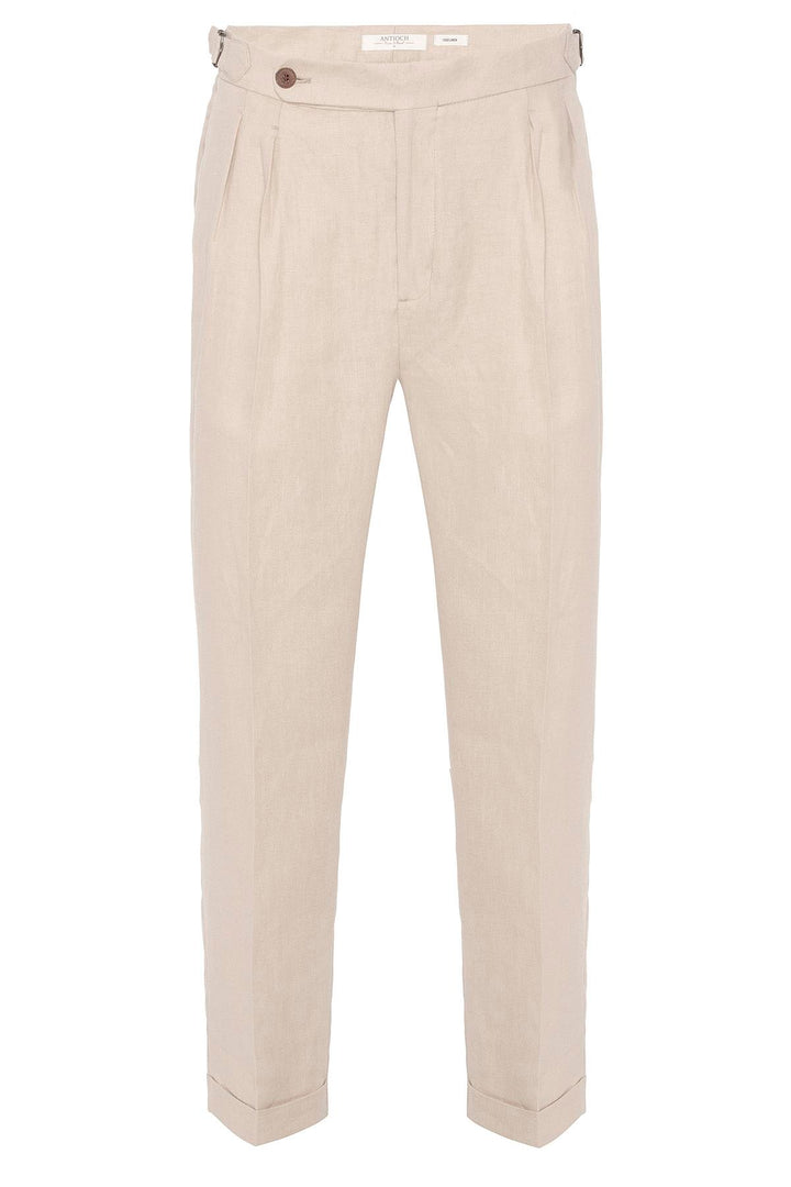 Pantaloni a pieghe beige a vita alta da uomo in 100% lino - Wessi
