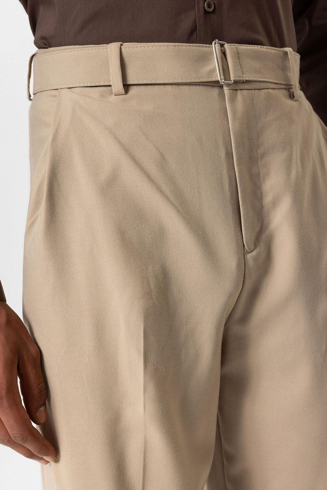 Beige بنطلون رجالي عالي الخصر مع حزام - ويسي