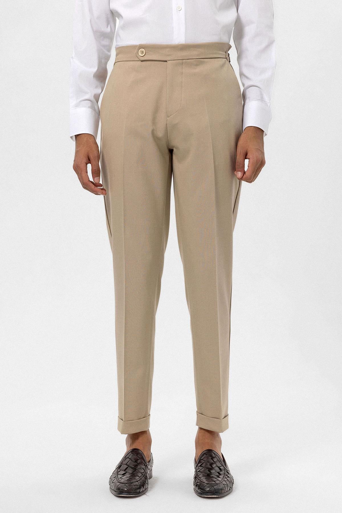 Men's Beige High-Waist Regular Fit Pants - Wessi