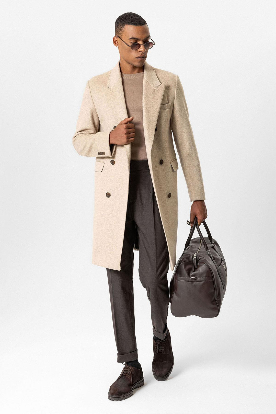 Beige Wool-Blend Double-Breasted Men's Coat - Wessi