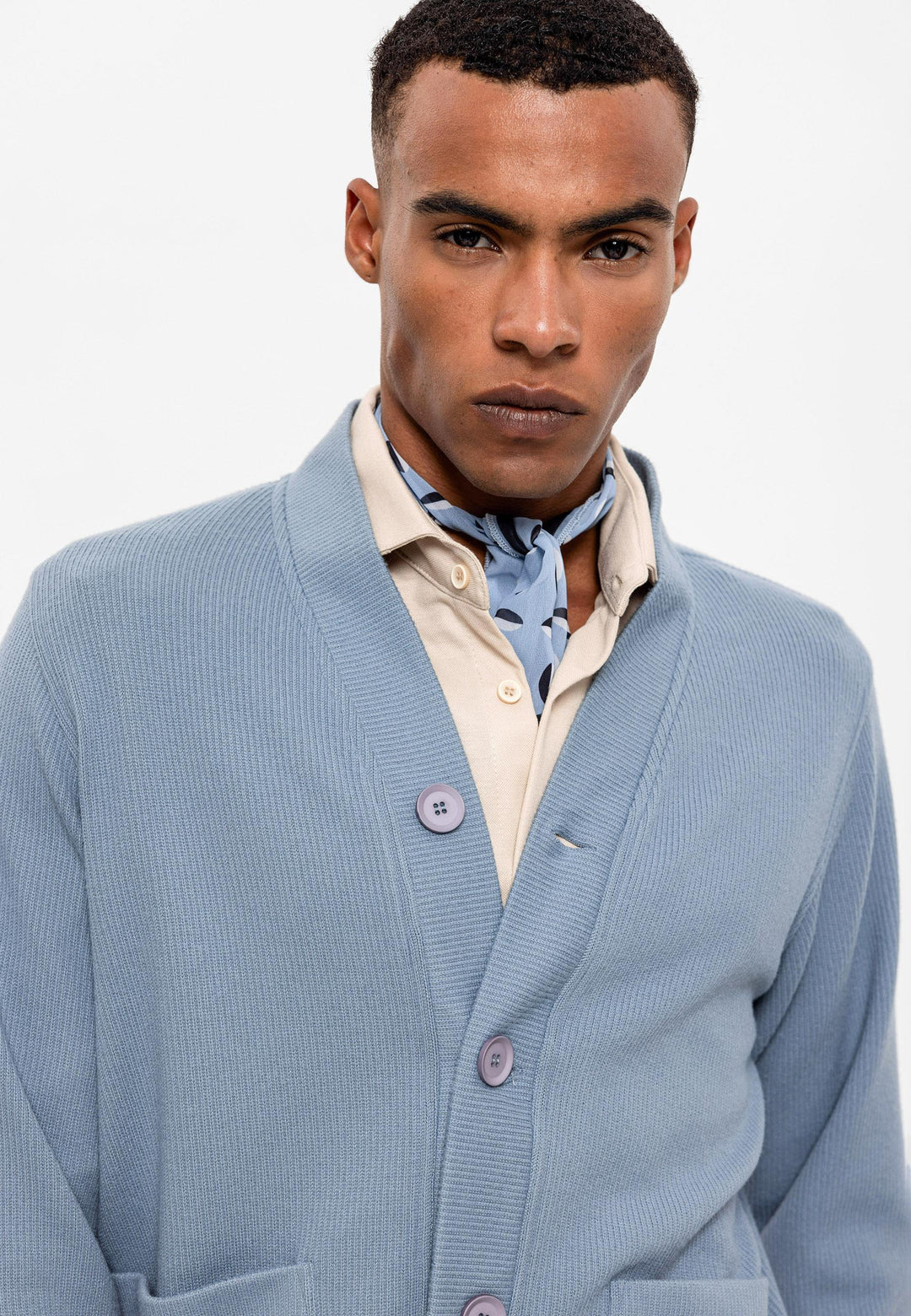 Men's Baby Blue V-Neck  Cardigan with Waist Elastic - Wessi