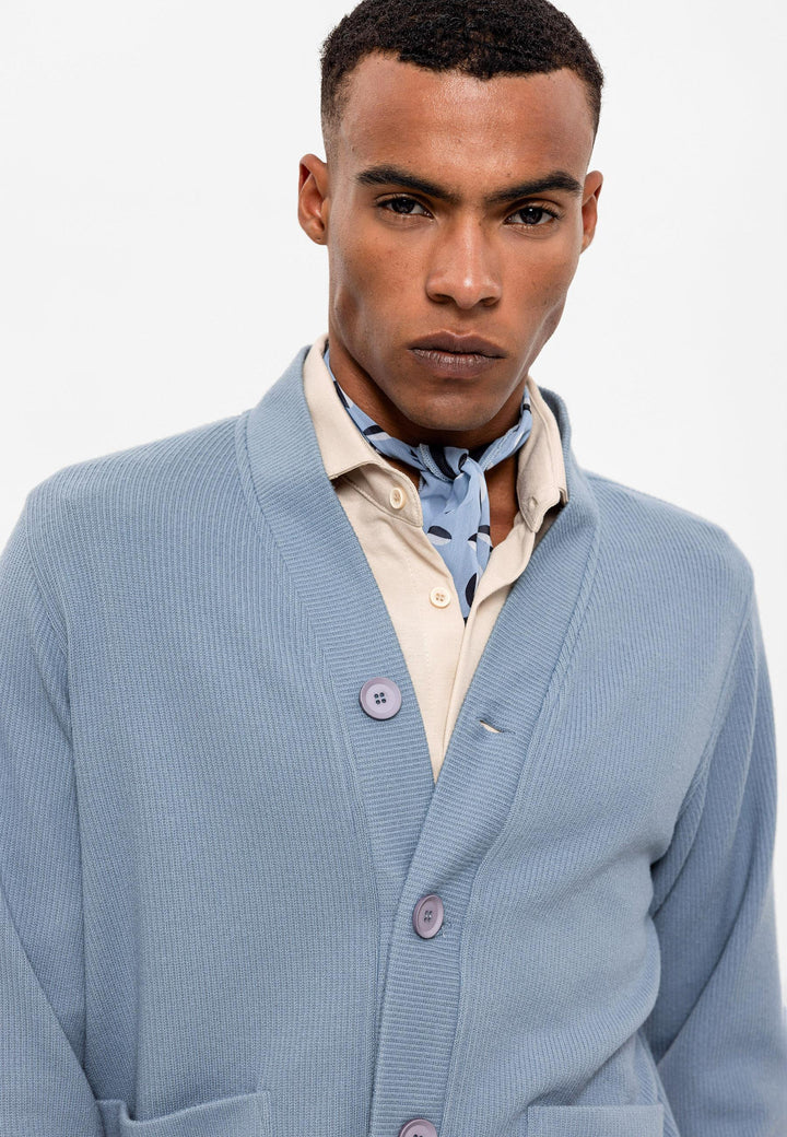 Men's Baby Blue V-Neck  Cardigan with Waist Elastic - Wessi