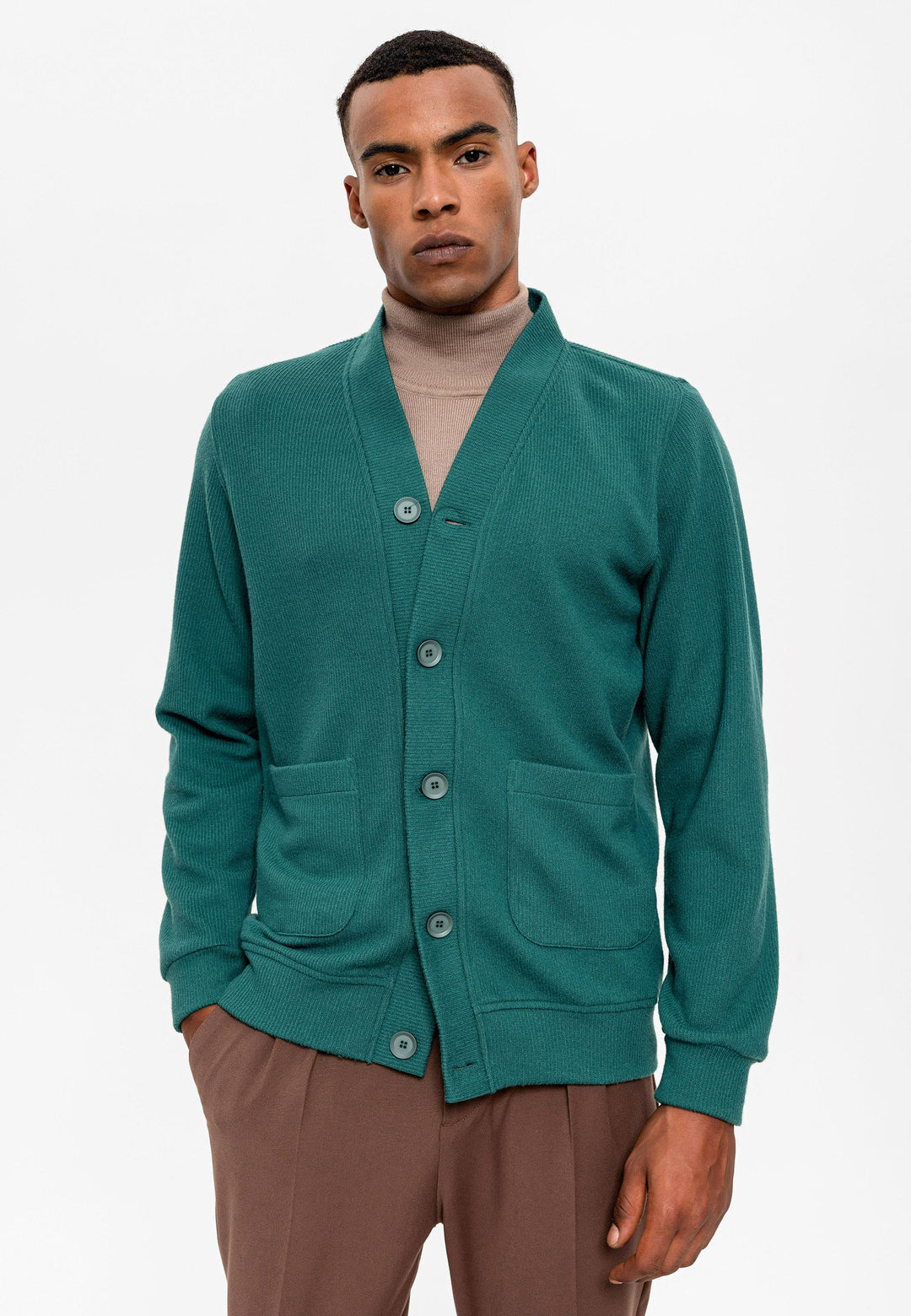 Men's Green V-Neck  Cardigan with Waist Elastic - Wessi