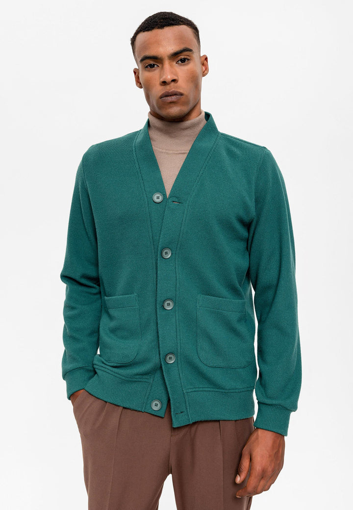Men's Green V-Neck  Cardigan with Waist Elastic - Wessi