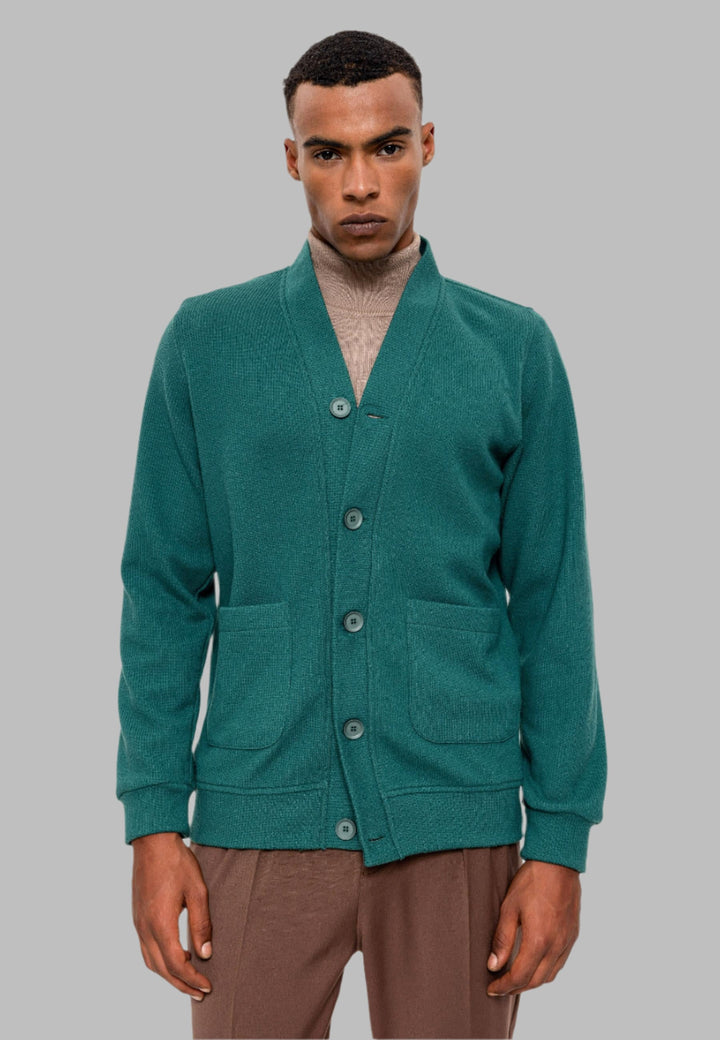 Men's Green V-Neck  Cardigan with Waist Elastic - Wessi