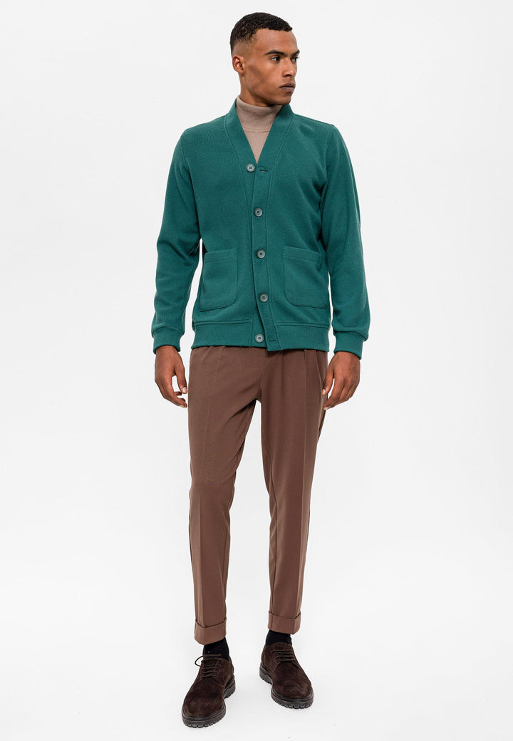 Men's Green V-Neck  Cardigan with Waist Elastic - Wessi