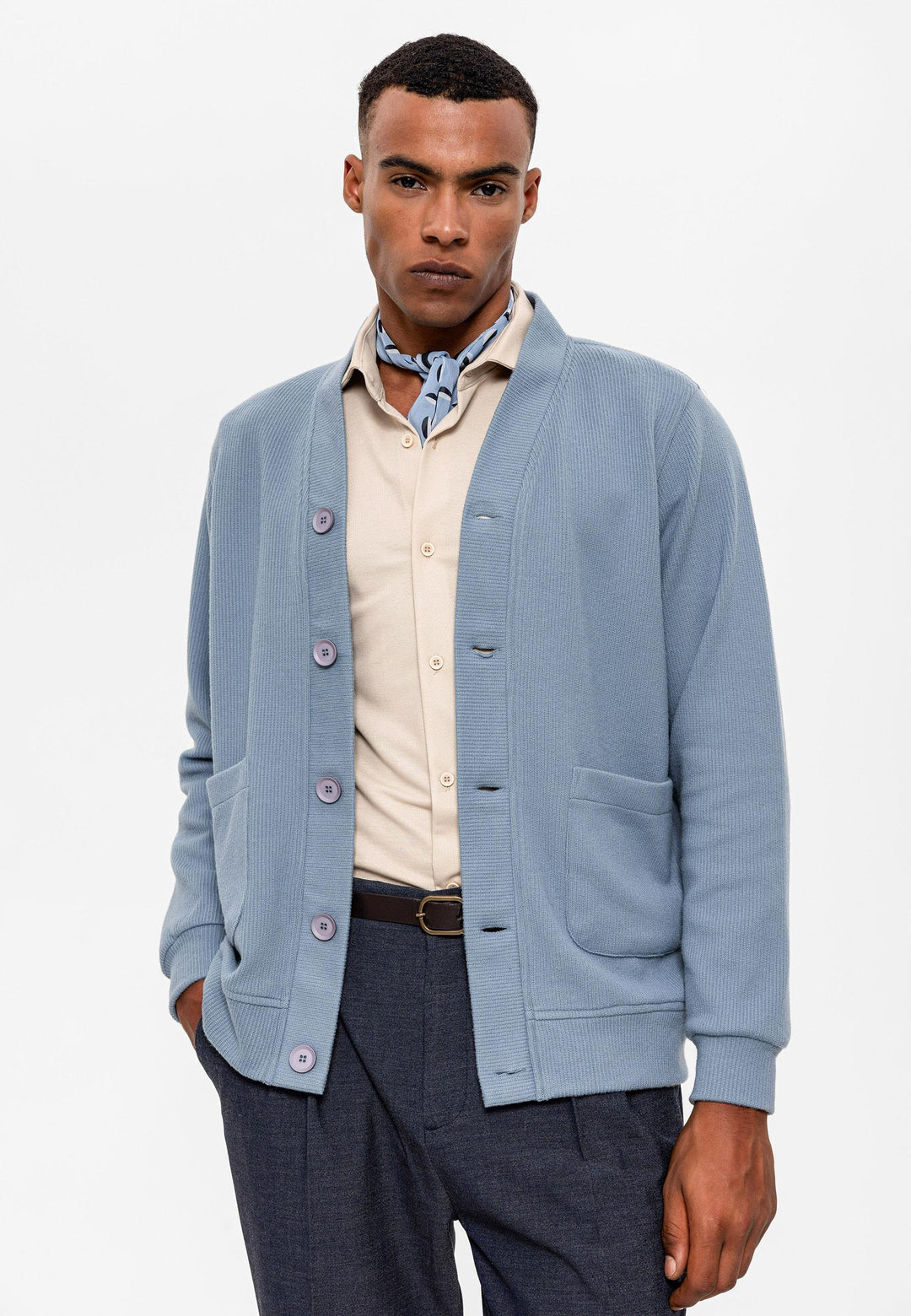 Men's Baby Blue V-Neck  Cardigan with Waist Elastic - Wessi