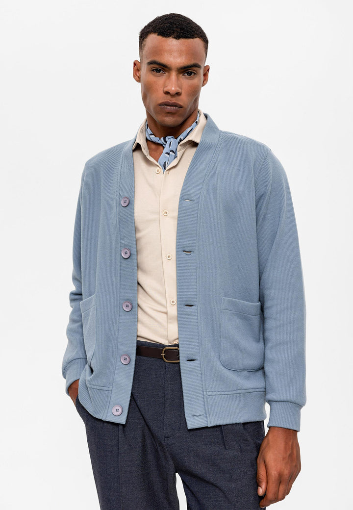 Men's Baby Blue V-Neck  Cardigan with Waist Elastic - Wessi