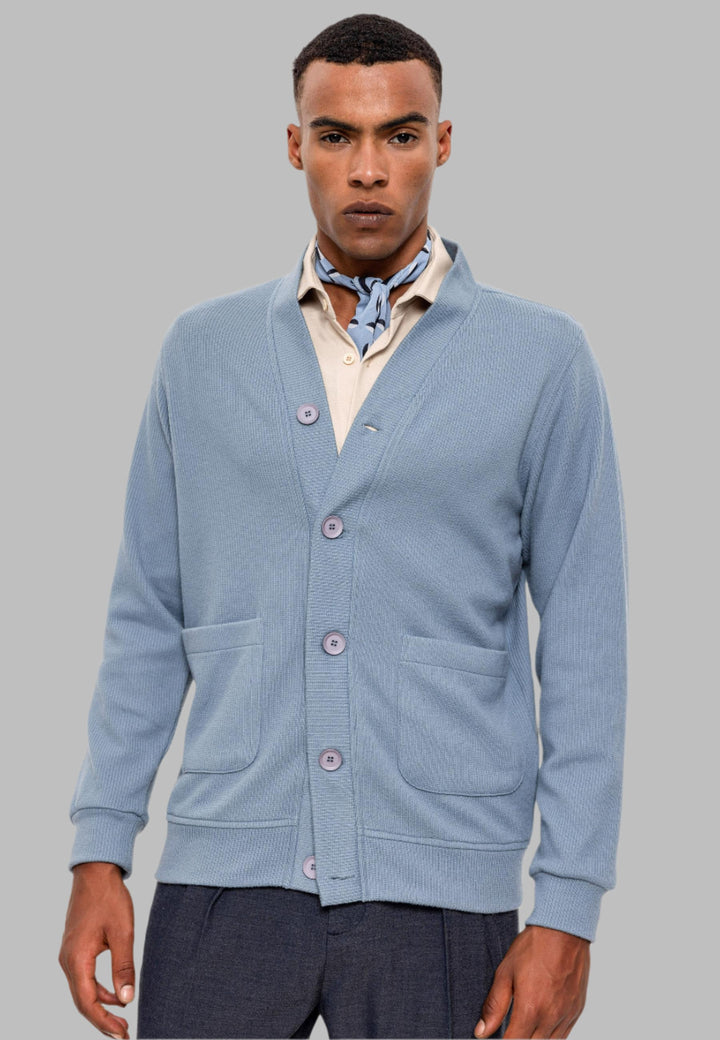 Men's Baby Blue V-Neck  Cardigan with Waist Elastic - Wessi