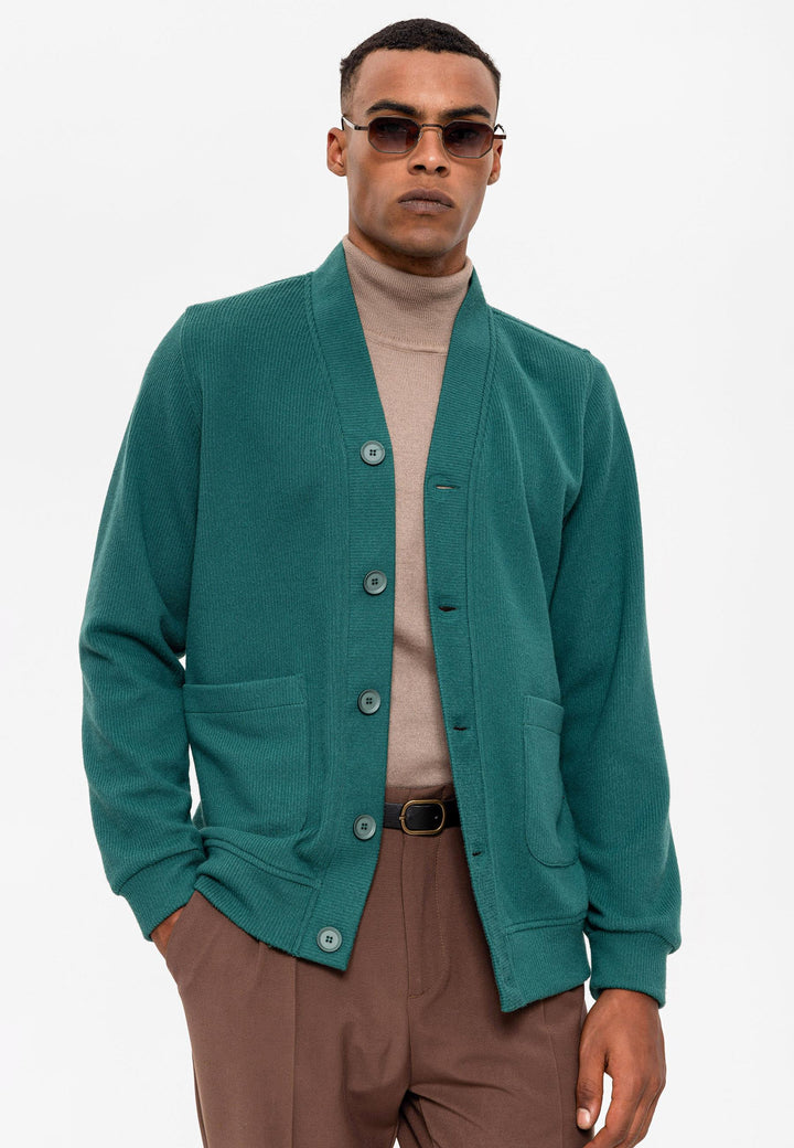 Men's Green V-Neck  Cardigan with Waist Elastic - Wessi