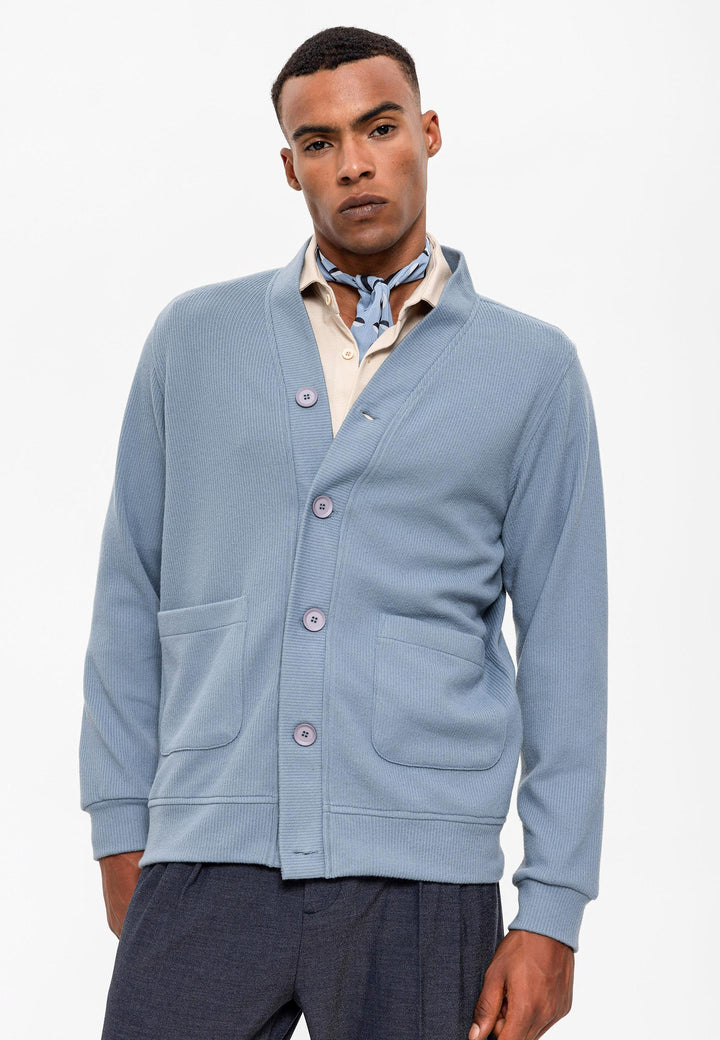 Men's Baby Blue V-Neck  Cardigan with Waist Elastic - Wessi