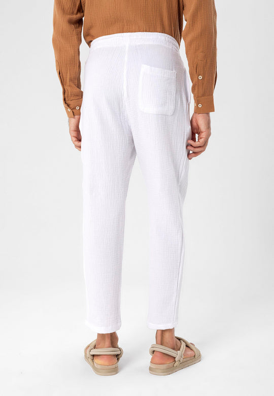 Men's White High Waist Muslin Fabric  Trousers with Drawstring Waist - Wessi