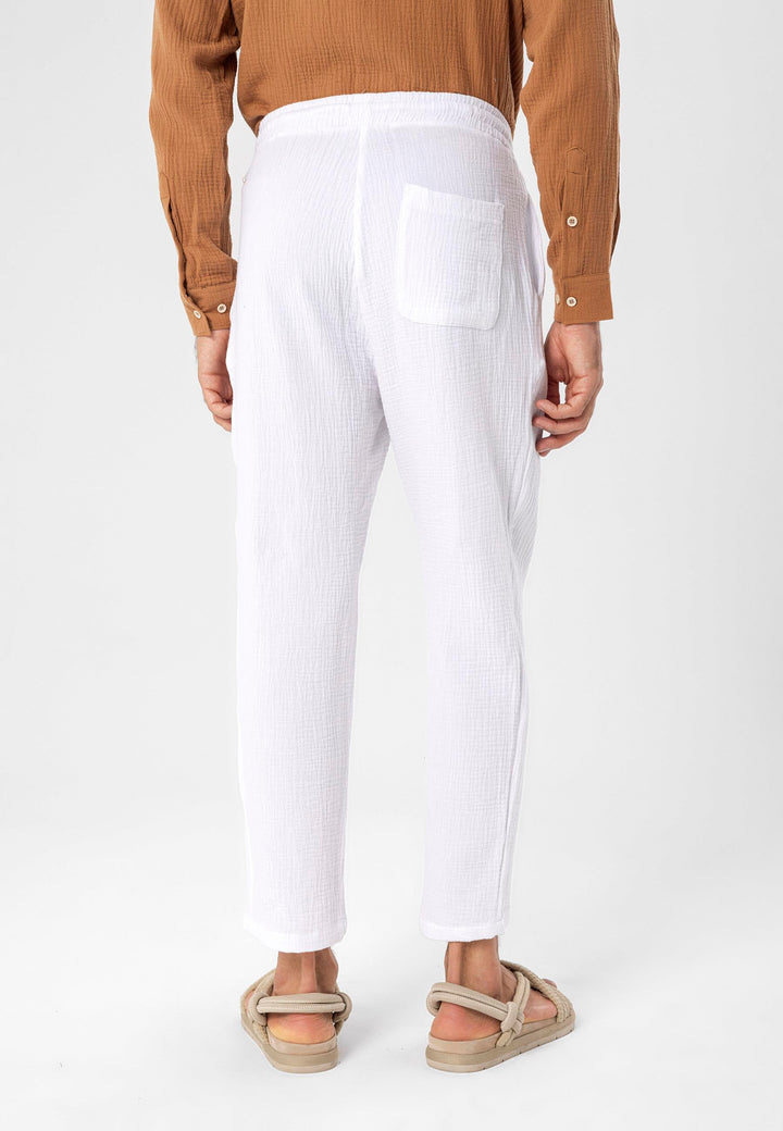 Men's White High Waist Muslin Fabric  Trousers with Drawstring Waist - Wessi