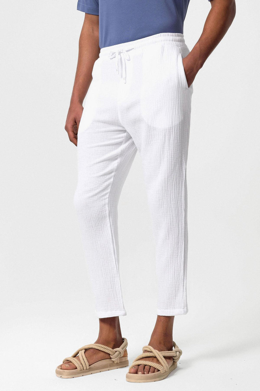 Men's White High Waist Muslin Fabric  Trousers with Drawstring Waist - Wessi