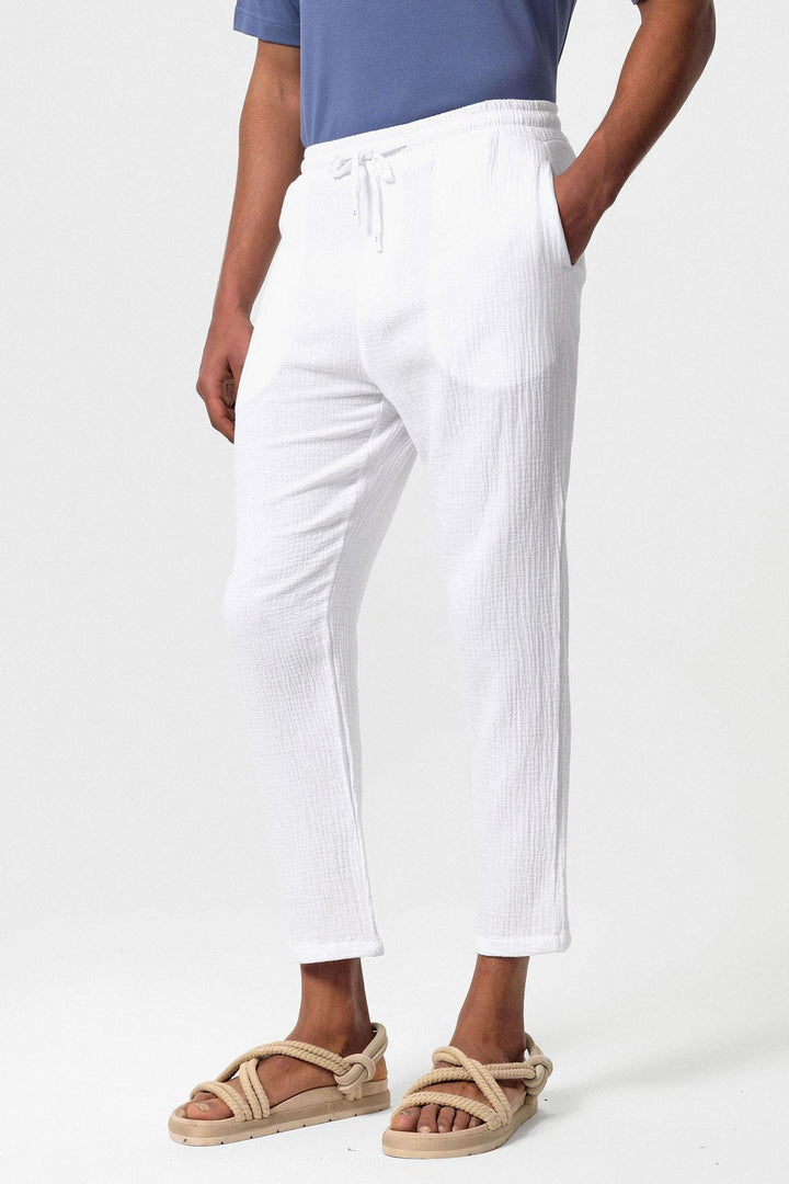 Men's White High Waist Muslin Fabric  Trousers with Drawstring Waist - Wessi