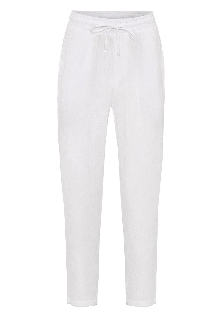 Men's White High Waist Muslin Fabric  Trousers with Drawstring Waist - Wessi