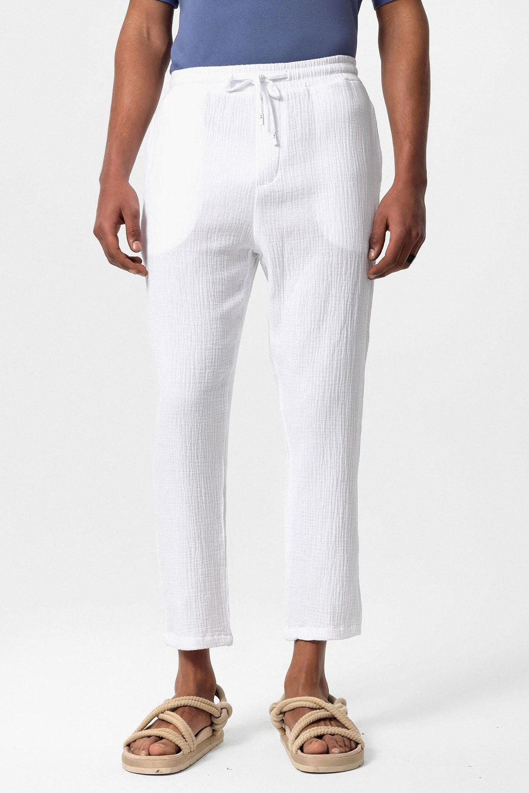 Men's White High Waist Muslin Fabric  Trousers with Drawstring Waist - Wessi