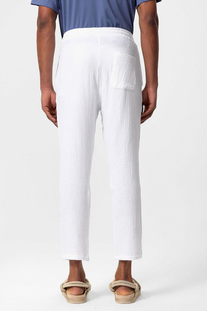 Men's White High Waist Muslin Fabric  Trousers with Drawstring Waist - Wessi