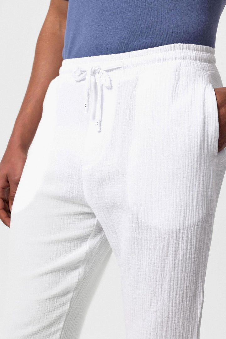 Men's White High Waist Muslin Fabric  Trousers with Drawstring Waist - Wessi