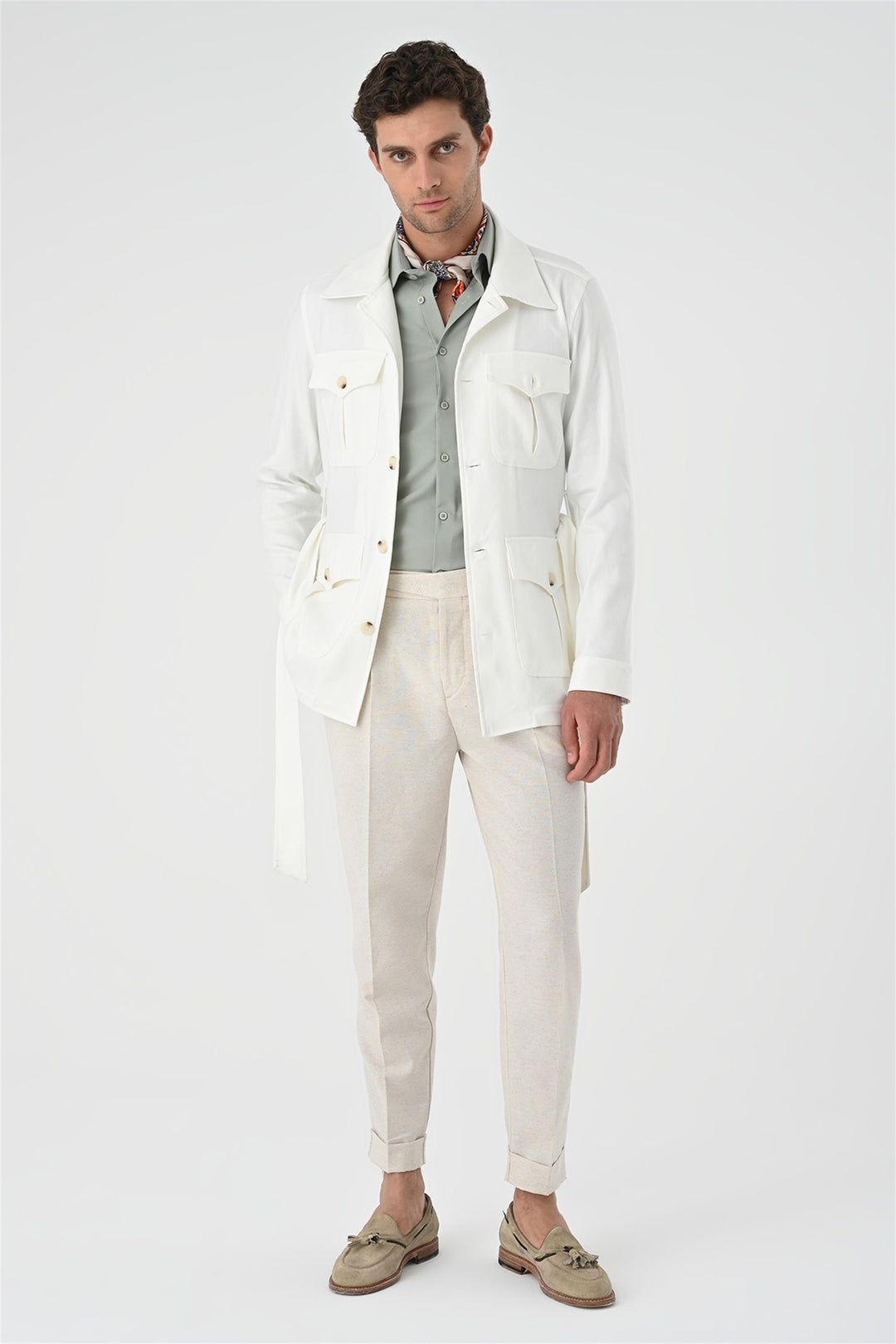 Men's Ecru Waist Belted  Seasonal Linen Coat - Wessi