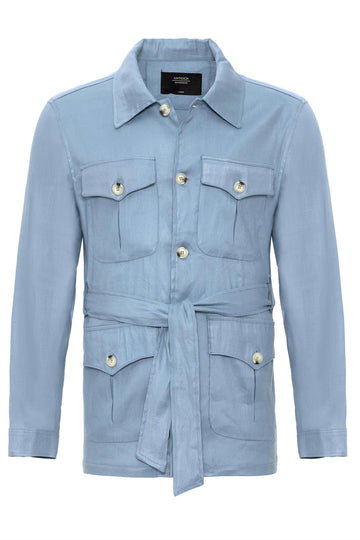 Men's Blue Waist Belted  Seasonal Linen Coat - Wessi
