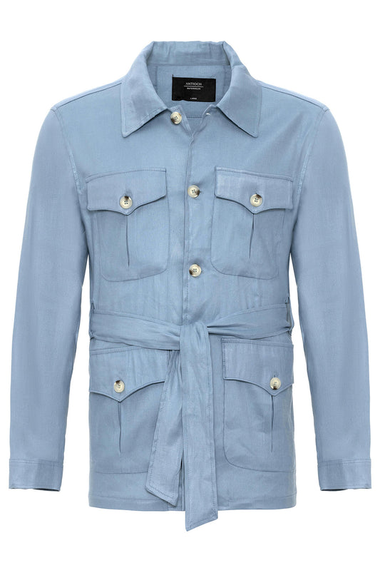 Men's Blue Waist Belted  Seasonal Linen Coat - Wessi