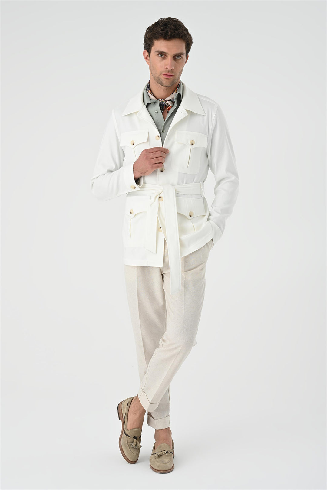 Men's Ecru Waist Belted  Seasonal Linen Coat - Wessi
