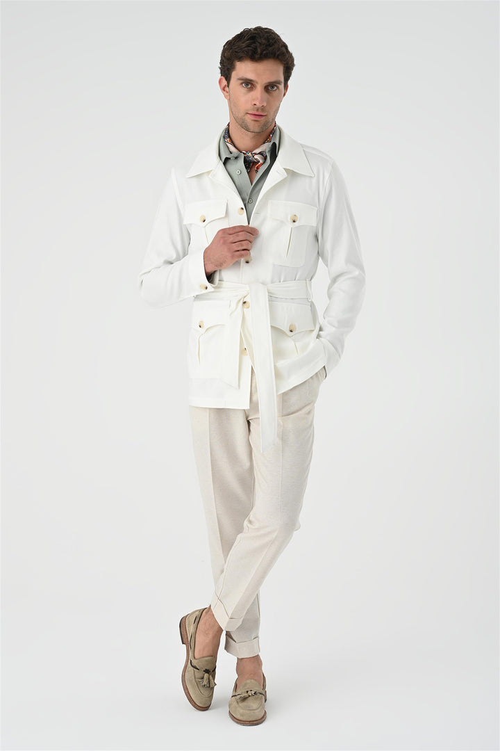 Men's Ecru Waist Belted  Seasonal Linen Coat - Wessi