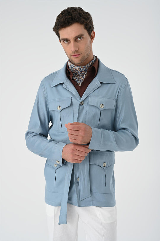 Men's Blue Waist Belted  Seasonal Linen Coat - Wessi