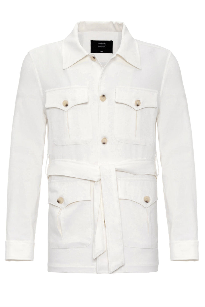 Men's Ecru Waist Belted  Seasonal Linen Coat - Wessi
