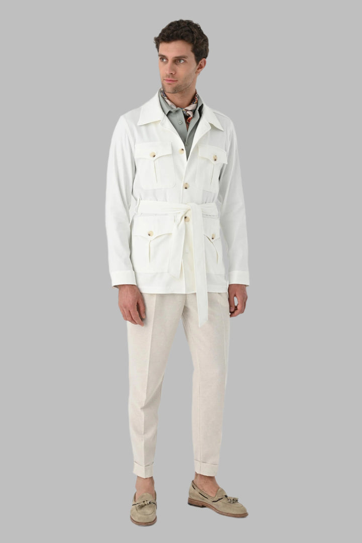 Men's Ecru Waist Belted  Seasonal Linen Coat - Wessi